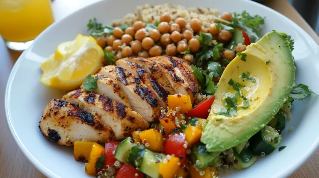 Healthy balanced lunch with grilled chicken breast, quinoa, chickpeas, avocado, and fresh vegetables on a white plate.