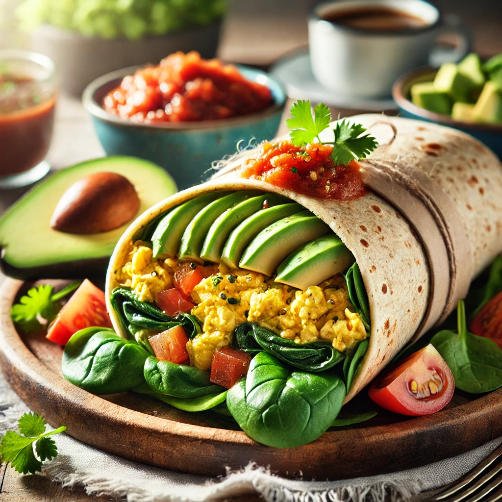 A close-up of a healthy breakfast burrito filled with scrambled eggs, fresh spinach, diced tomatoes, avocado slices, and wrapped in a whole grain tortilla. Served on a rustic wooden plate with a side of fresh salsa, garnished with cilantro, and paired with a cup of coffee.