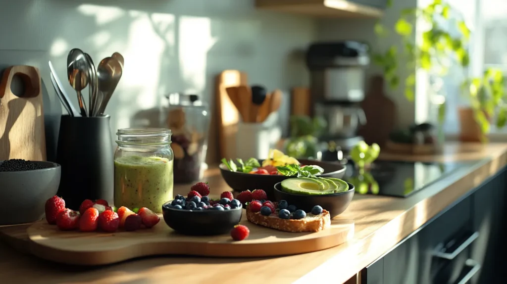 Healthy breakfast meal prep with avocado toast, smoothie, fresh berries, and fruits for busy mornings