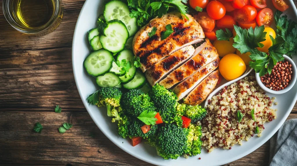 A nutritious and balanced healthy lunch near plate featuring grilled chicken breast, quinoa salad, fresh cucumbers, cherry tomatoes, and steamed broccoli, served on a white plate with a side of olive oil dressing