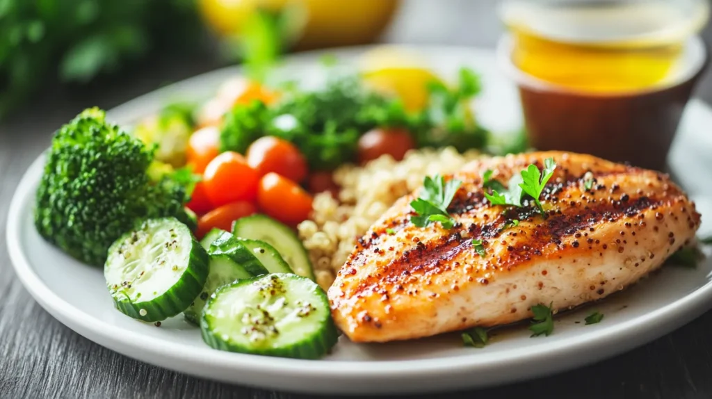 A nutritious and balanced healthy lunch near plate featuring grilled chicken breast, quinoa salad, fresh cucumbers, cherry tomatoes, and steamed broccoli, served on a white plate with a side of olive oil dressing.