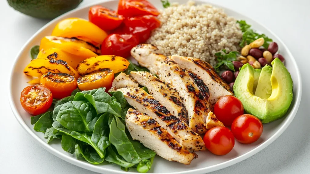 What is a healthy lunch plate: A healthy lunch plate with grilled chicken, quinoa, spinach, cherry tomatoes, avocado, roasted bell peppers, and mixed beans on a clean white plate.