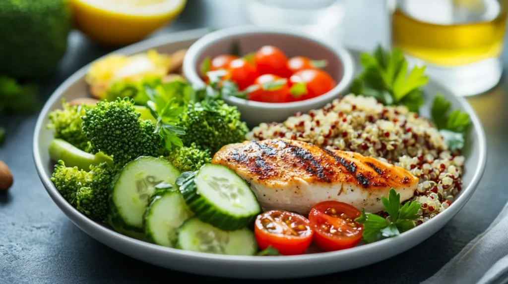 A nutritious and balanced healthy lunch near plate featuring grilled chicken breast, quinoa salad, fresh cucumbers, cherry tomatoes, and steamed broccoli, served on a white plate with a side of olive oil dressing