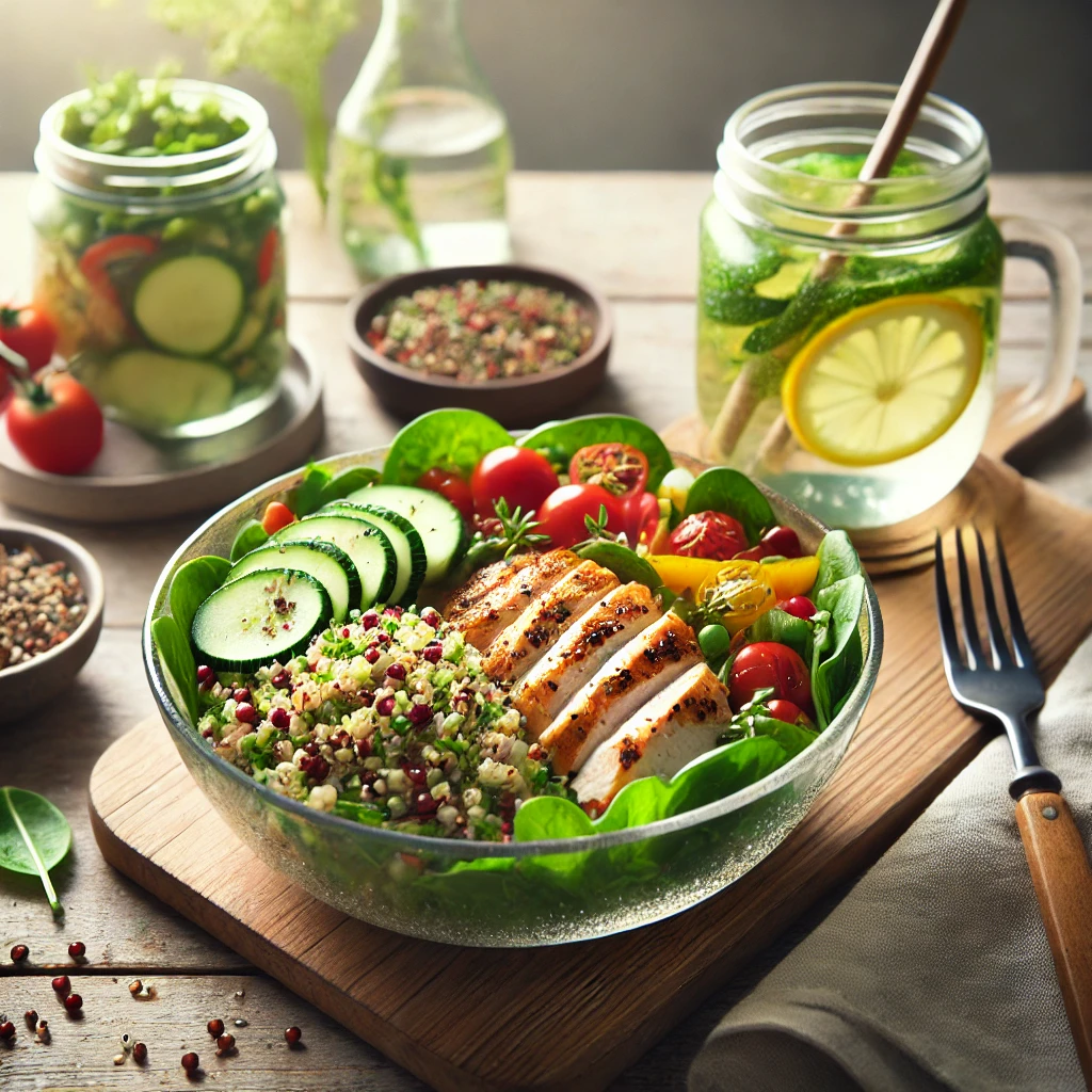 Healthy lunch featuring quinoa salad with fresh vegetables, grilled chicken breast, and infused water on a wooden table with natural lighting.