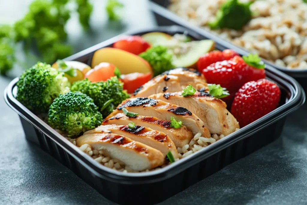 "Healthy packed lunch with grilled chicken, fresh broccoli, brown rice, and colorful fruits in a bento-style meal prep container."