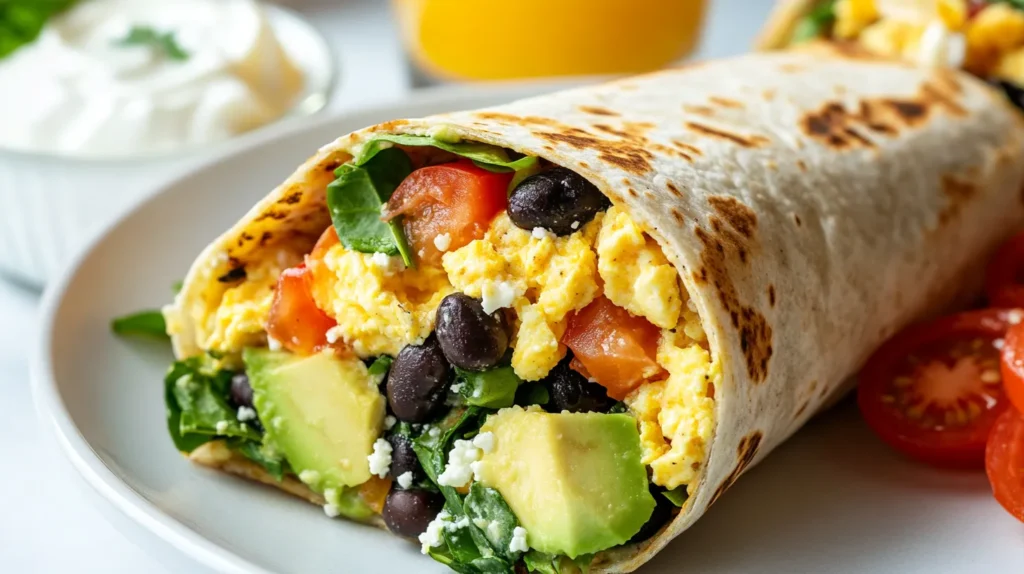 Nutritious Breakfast Burritos: A close-up of a nutritious breakfast burrito filled with scrambled eggs, black beans, avocado, fresh spinach, and tomatoes, served on a white plate with a side of cherry tomatoes and Greek yogurt."