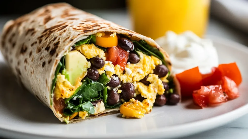 A close-up of a nutritious breakfast burrito filled with scrambled eggs, black beans, avocado, spinach, and tomatoes, served on a white plate with a side of Greek yogurt and fresh greens."