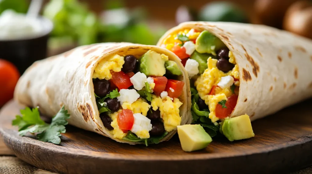 Nutritious Breakfast Burritos: A close-up of a nutritious breakfast burrito cut in half, filled with scrambled eggs, black beans, diced avocado, fresh tomatoes, and feta cheese, served on a wooden board with fresh cilantro and extra avocado pieces