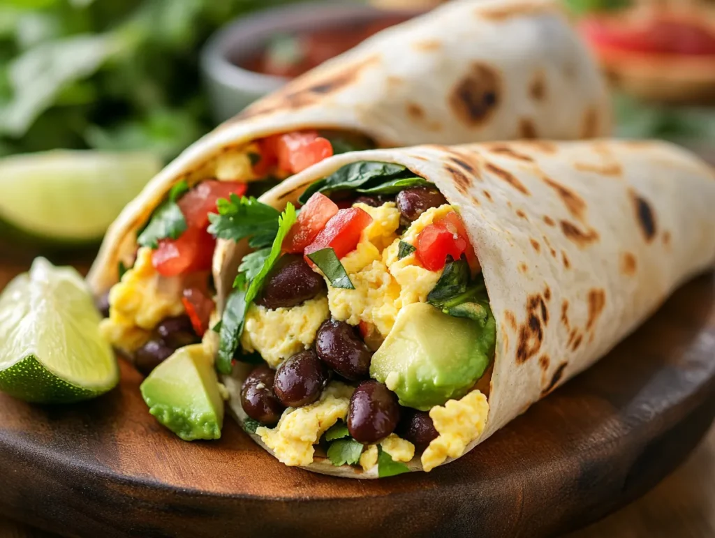 Nutritious breakfast burritos with eggs, avocado, black beans, and spinach on a wooden plate, served with salsa and lime wedges.