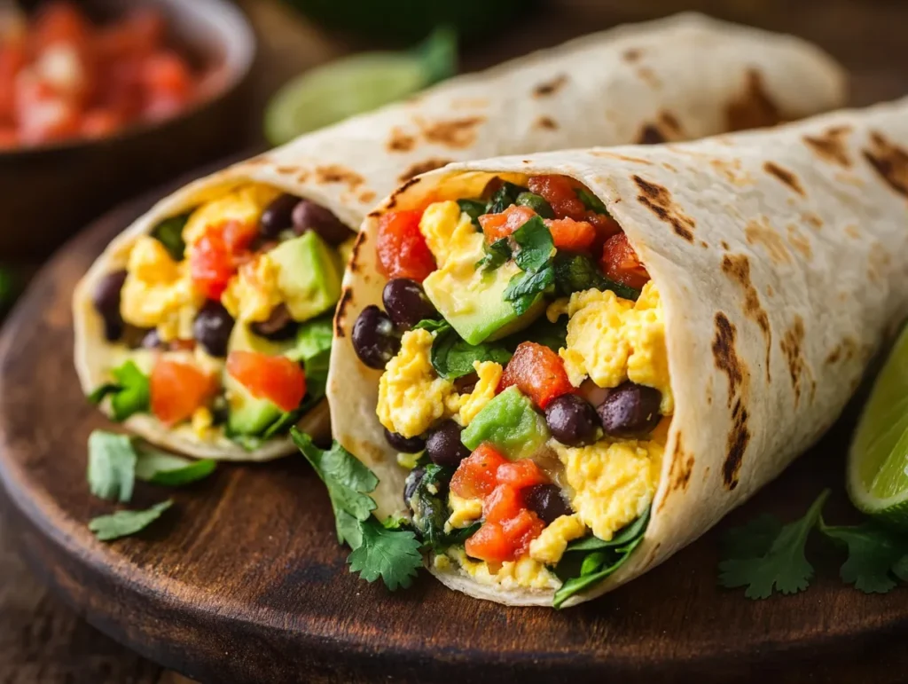 Nutritious breakfast burritos with eggs, avocado, black beans, and spinach on a wooden plate, served with salsa and lime wedges.