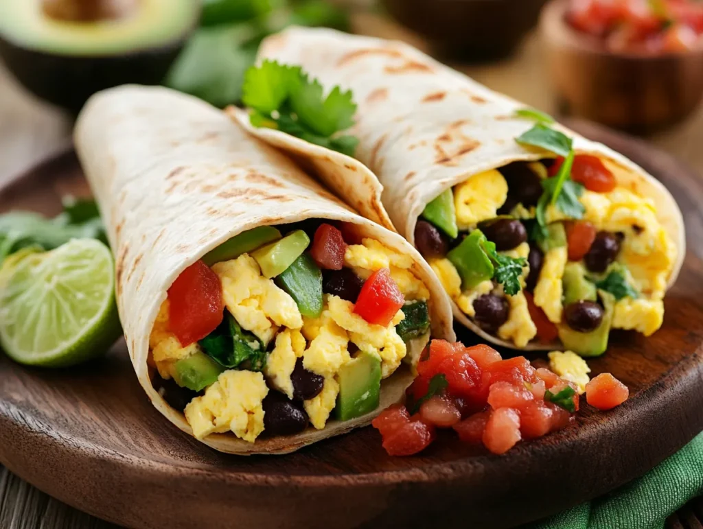 Nutritious breakfast burritos with eggs, avocado, black beans, and spinach on a wooden plate, served with salsa and lime wedges.