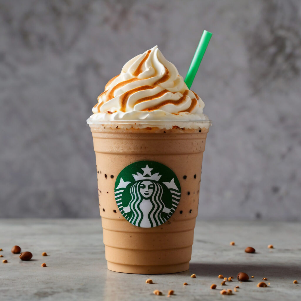 Starbucks frappuccino with whipped cream, caramel drizzle, and a green straw on a gray background.