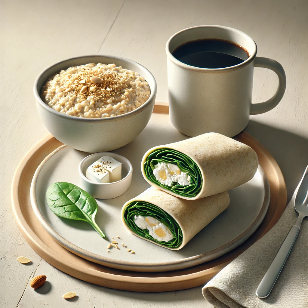 Minimalist healthy breakfast with a spinach, feta, and egg white wrap, black coffee in a plain white mug, and oatmeal topped with nuts on a wooden table.