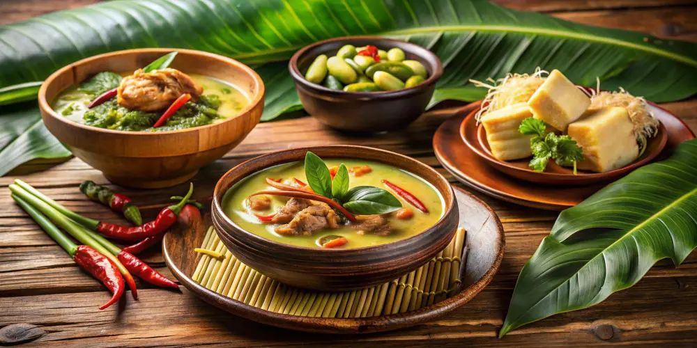 Authentic Filipino dishes, including Sinigang soup, with fresh vegetables, meat, and tropical ingredients served on a rustic wooden table