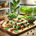 A realistic, colorful plate of homemade fish food cubes featuring fresh vegetables and protein ingredients, set on a kitchen countertop with aquarium decor. Homemade Fish Food Recipe: Nutritious & Balanced