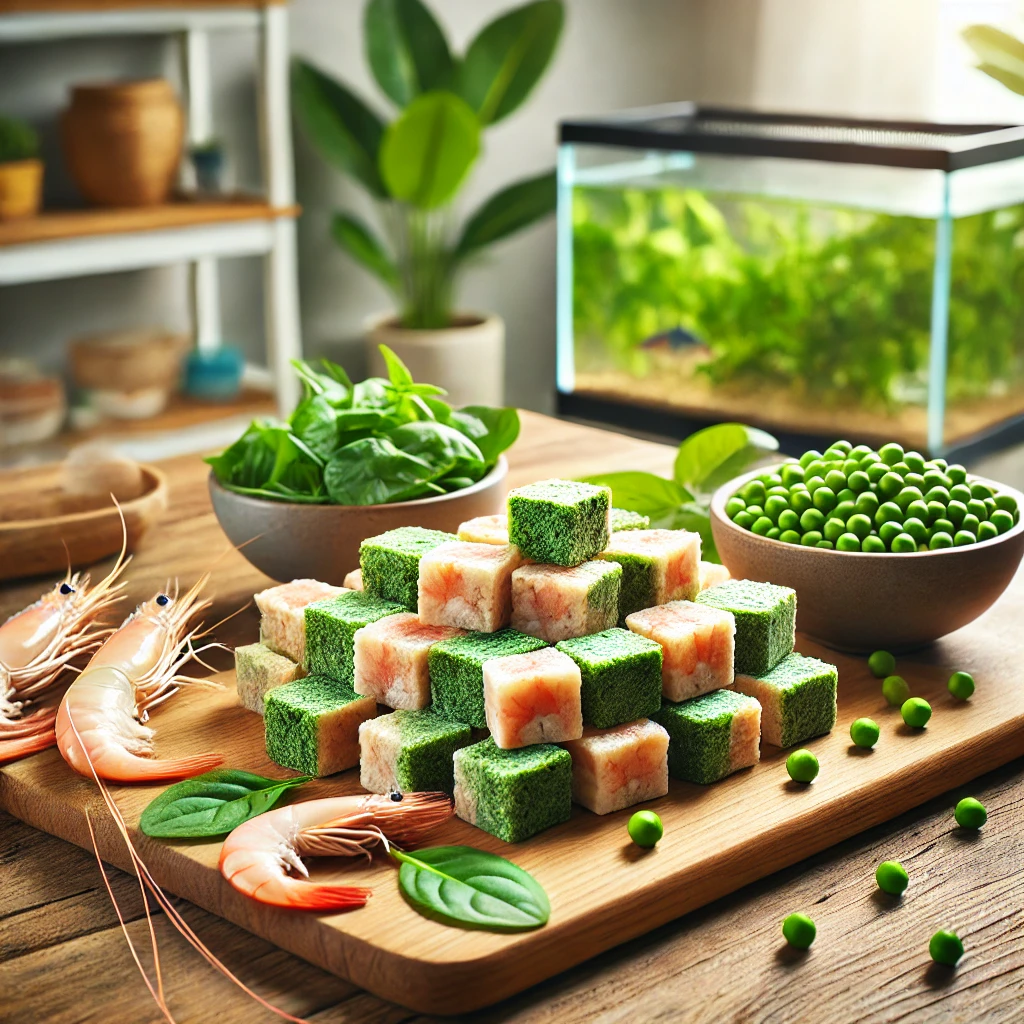 A realistic, colorful plate of homemade fish food cubes featuring fresh vegetables and protein ingredients, set on a kitchen countertop with aquarium decor. Homemade Fish Food Recipe: Nutritious & Balanced