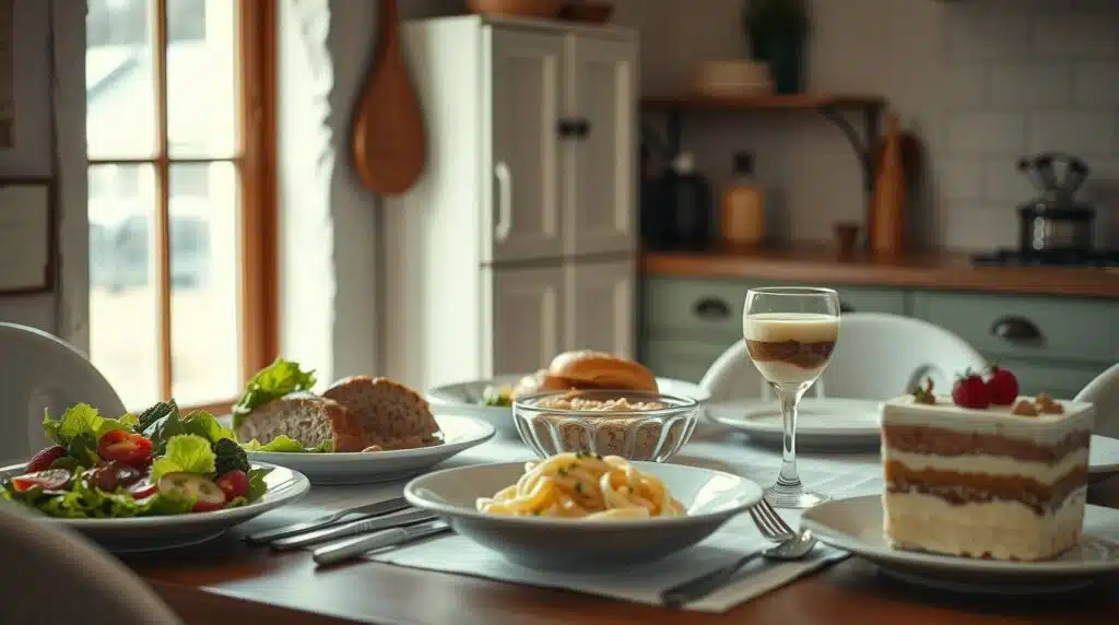 The Good Stuff recipes today: A rustic dinner table with comfort food dishes, including golden-brown meatloaf, fresh green salad, creamy pasta, and a layered tiramisu dessert.