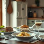 A rustic dinner table with comfort food dishes, including golden-brown meatloaf, fresh green salad, creamy pasta, and a layered tiramisu dessert.