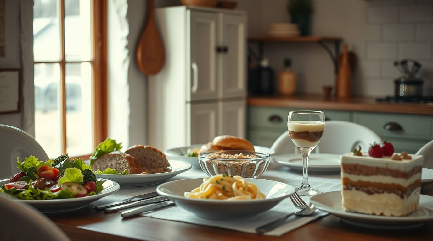 A rustic dinner table with comfort food dishes, including golden-brown meatloaf, fresh green salad, creamy pasta, and a layered tiramisu dessert.