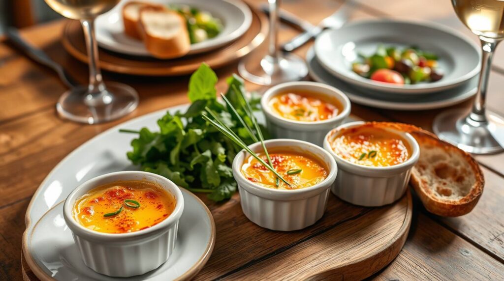 Four individual servings of crab brûlée in ramekins with golden caramelized tops, garnished with herbs, served with fresh greens and toasted bread.