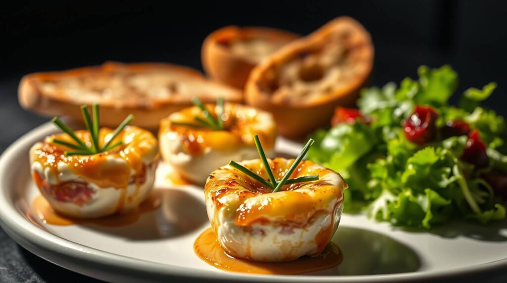 Mini crab brûlées with caramelized tops, garnished with fresh rosemary sprigs, served alongside toasted bread and a fresh green salad.