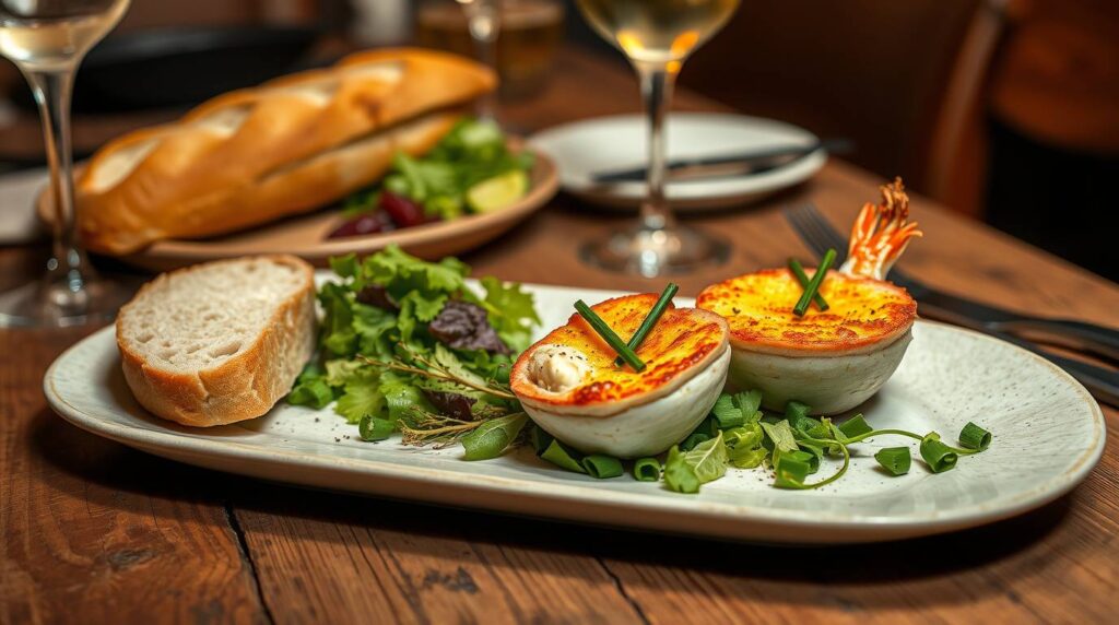 Gourmet crab brûlée served in ramekins with caramelized tops, garnished with chives, accompanied by fresh salad and baguette slices on a rustic wooden table.