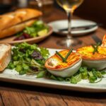 Gourmet crab brûlée served in ramekins with caramelized tops, garnished with chives, accompanied by fresh salad and baguette slices on a rustic wooden table.