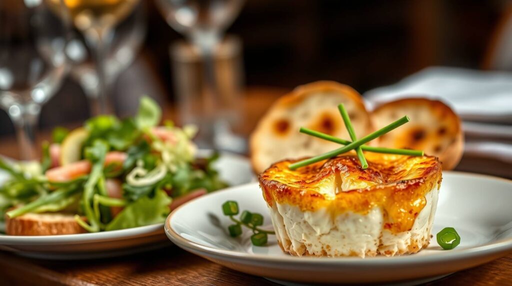 Gourmet crab brûlée topped with caramelized crust and garnished with fresh chives, served alongside a vibrant green salad and toasted bread.