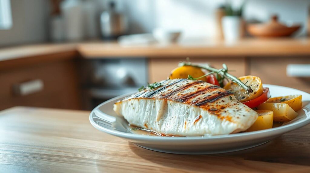 "Grilled pickerel fillet with roasted vegetables and fresh rosemary served on a white plate in a rustic kitchen." Is pickerel a good fish to eat