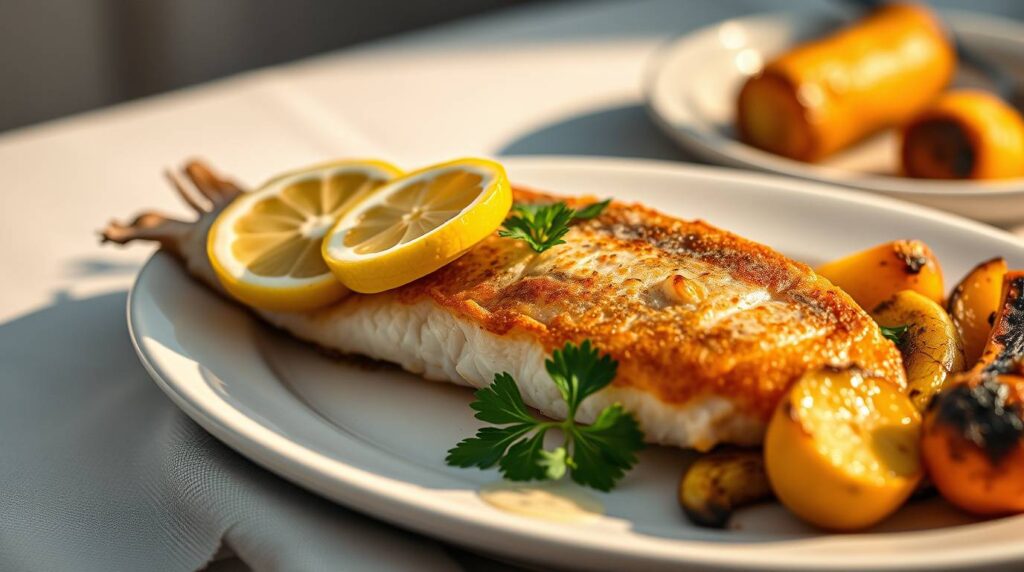 Crispy pan-fried pickerel fillet garnished with lemon slices and fresh parsley, served with roasted vegetables on a white plate.