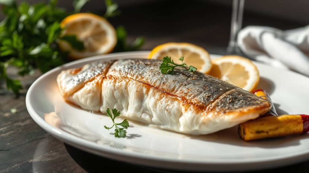 Pan-seared pickerel fillet on a white plate, garnished with fresh parsley and lemon slices, served with roasted vegetables.