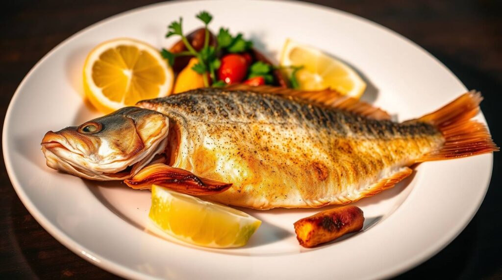 Whole grilled pickerel served on a white plate with lemon wedges, roasted vegetables, and fresh herbs.