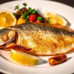 Whole grilled pickerel served on a white plate with lemon wedges, roasted vegetables, and fresh herbs.