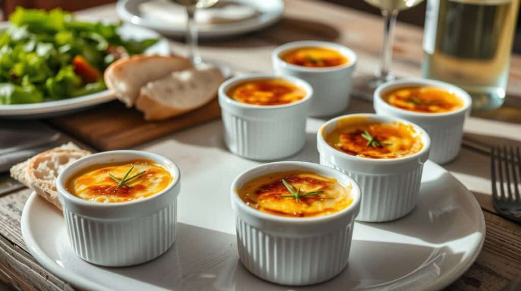 Four individual ramekins of crab brûlée with caramelized tops, served on a platter with fresh salad, toasted bread, and white wine on a wooden table.