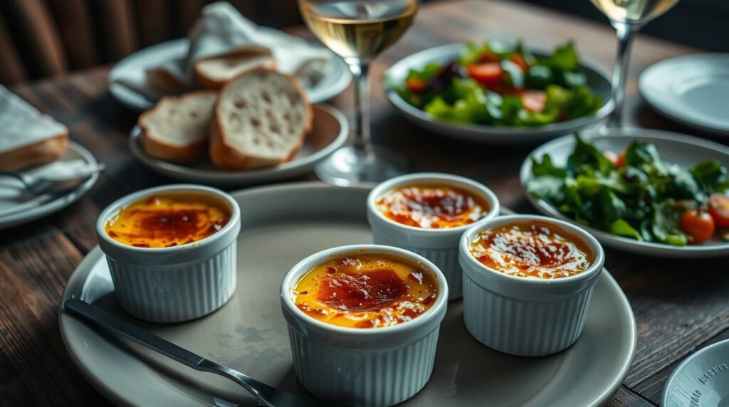 Luxurious crab brûlée appetizer served with toasted bread and salad