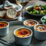 Luxurious crab brûlée appetizer served with toasted bread and salad