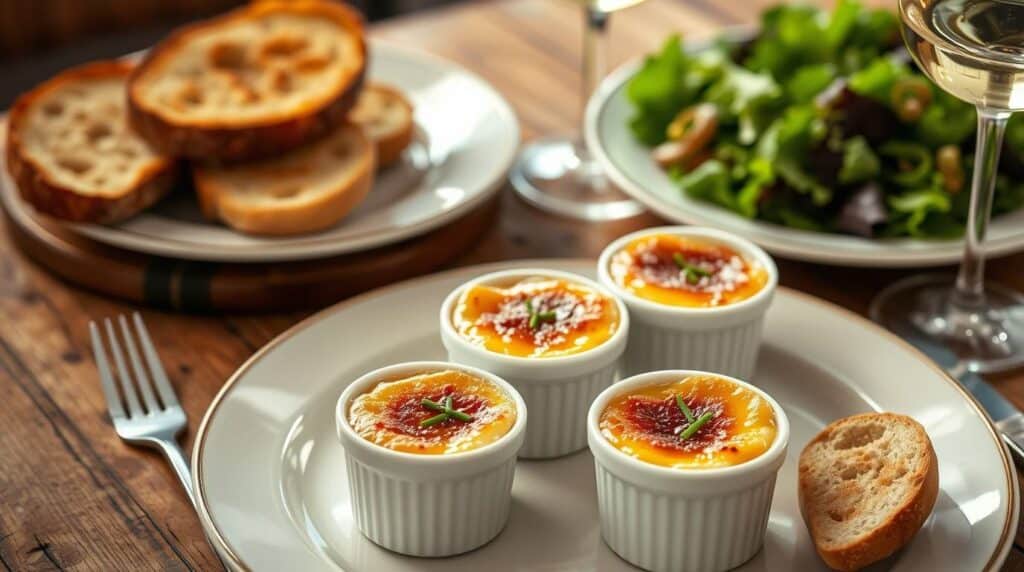 Four ramekins of crab brûlée garnished with chives, served with toasted bread slices, fresh salad, and white wine on a rustic wooden table.