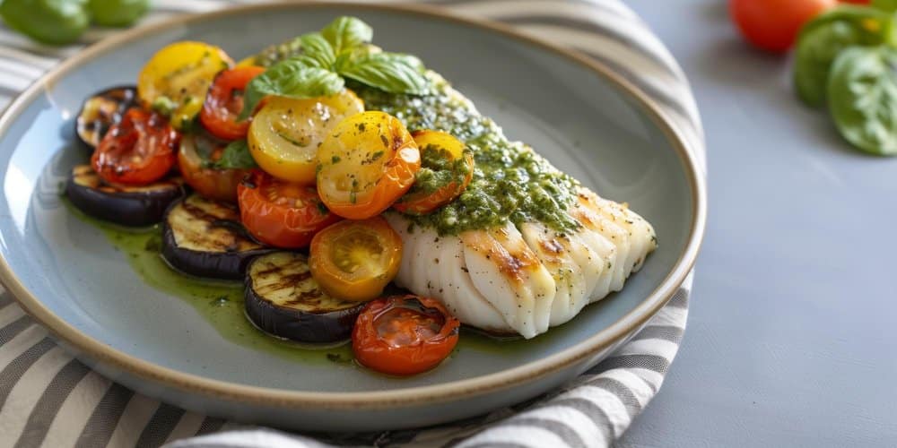 Grilled fish fillet topped with fresh pesto and served with roasted cherry tomatoes and eggplant slices on a gray plate