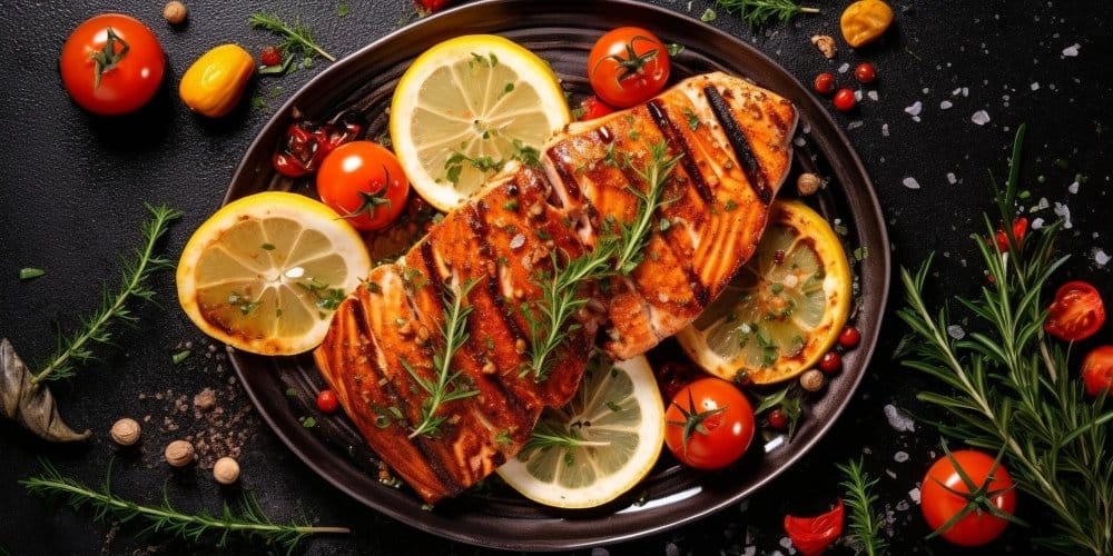 Grilled salmon fillet garnished with fresh rosemary, served with lemon slices and cherry tomatoes on a dark plate.