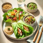 Healthy bread-free lunch plate with lettuce wraps, quinoa bowl, and roasted vegetables on a wooden table.