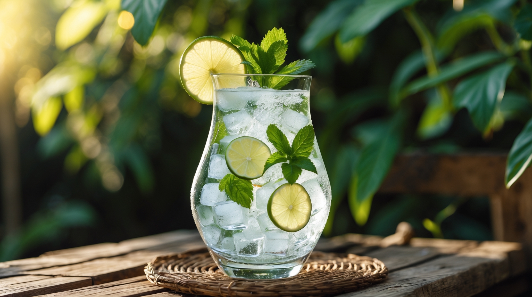 Hugo Spritz cocktail served in a wine glass with ice, mint leaves, and lime slices in an outdoor summer setting.