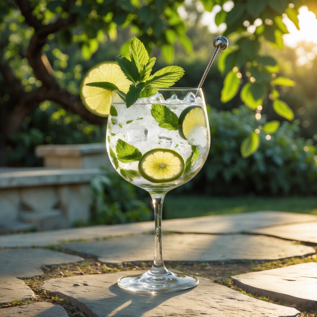 Hugo Spritz cocktail served in a large wine glass, garnished with fresh mint and lime slices, set outdoors on a stone surface with greenery in the background