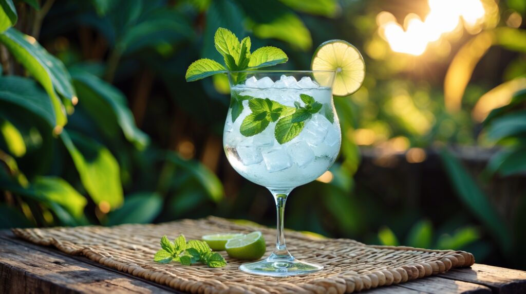 A glass of Hugo Spritz cocktail garnished with fresh mint and lime slices, served outdoors on a wicker mat with a vibrant green background.