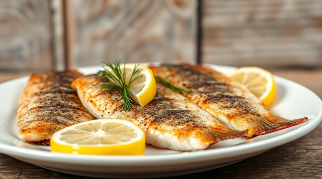 Close-up of delicious cooked frozen pickerel fillets with flaky texture and golden-brown skin, garnished with dill and lemon.