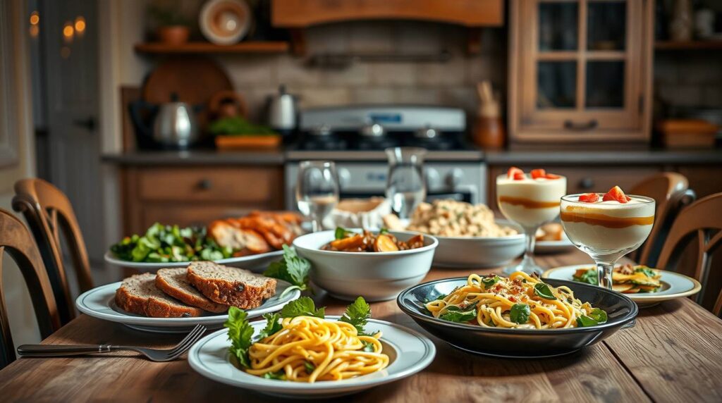 Rustic kitchen dinner table set with a variety of comfort food dishes, including fresh salad, artisan bread, pasta, and layered tiramisu desser