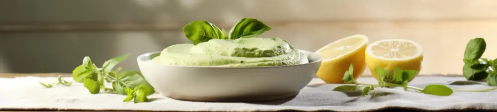 A bowl of creamy green gluten-free dip garnished with fresh basil leaves, surrounded by fresh herbs and halved lemons on a rustic table.