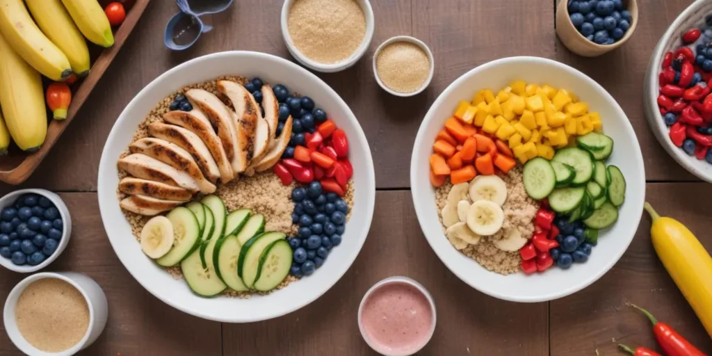 Two gluten-free quinoa bowls featuring grilled chicken, fresh vegetables, colorful fruits, and toppings, surrounded by fresh ingredients on a wooden table