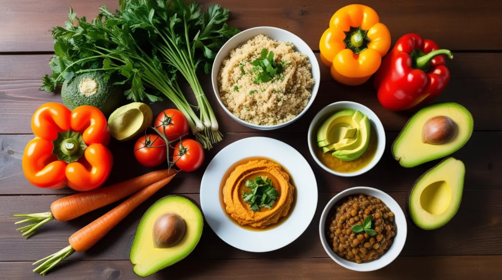 Healthy Vegan Food Spread with Fresh Vegetables and Plant-Based Dishes