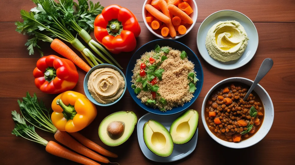 A variety of commonly eaten vegan foods, including fresh vegetables, quinoa, hummus, lentil stew, and avocado, arranged on a rustic wooden table.