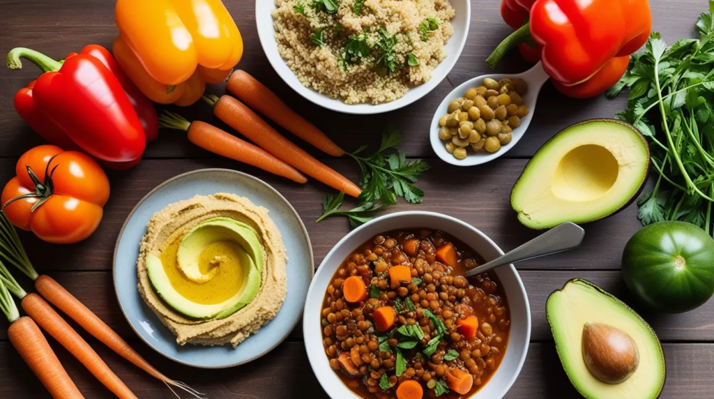 An assortment of popular vegan foods, featuring fresh vegetables, quinoa, hummus, lentil stew, and avocado, beautifully arranged on a rustic wooden table.